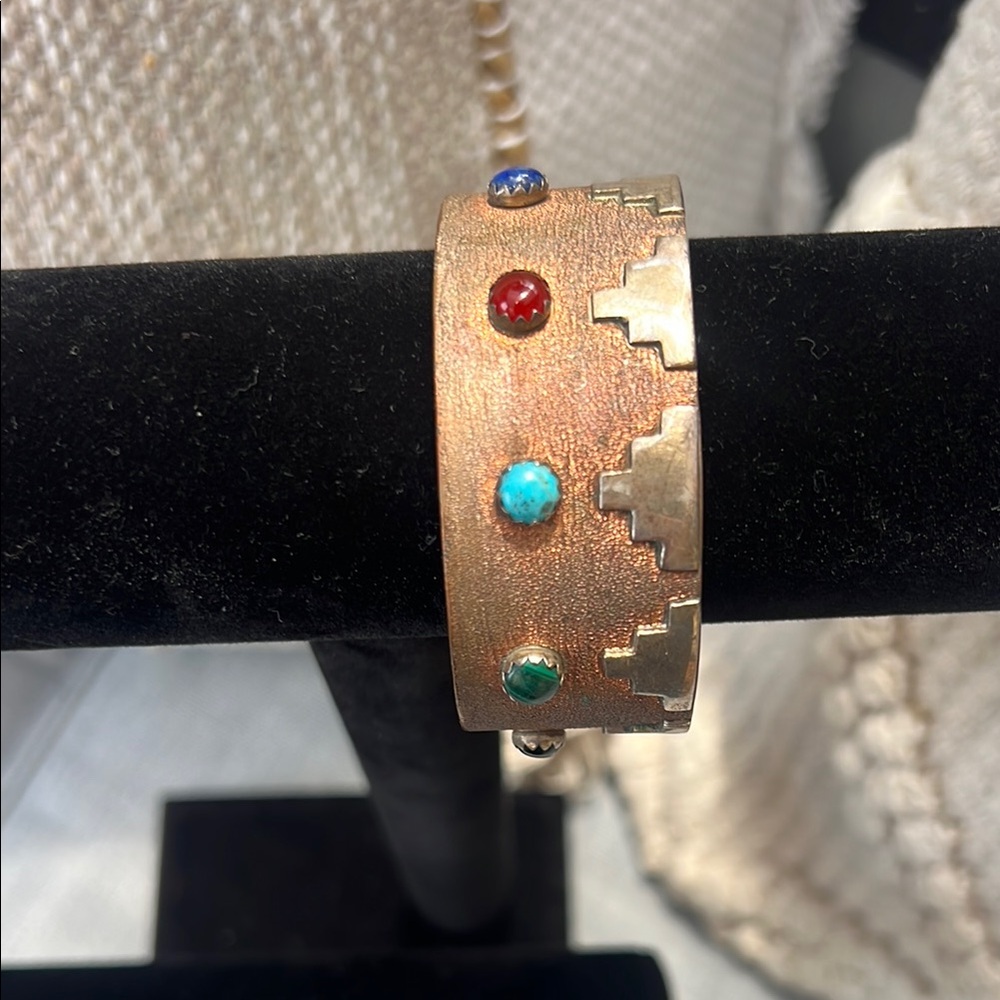Copper and Silver Navajo Bracelet with Multicolor Gemstones